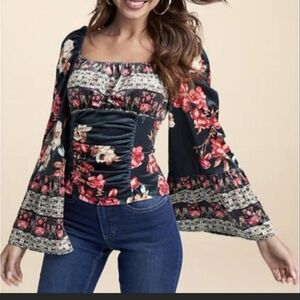 VENUS VELVET Floral Print Boho Women's Top Trumpet Witchy Whimsigoth Dark Floral